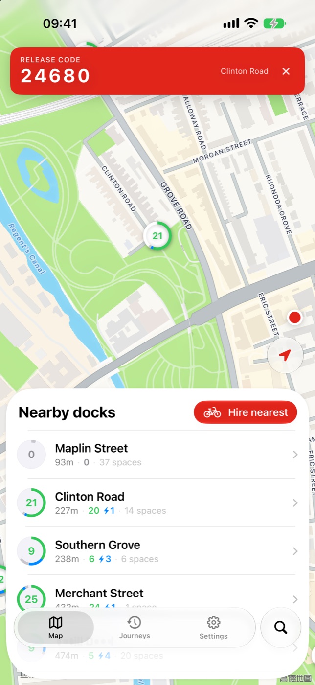 A release code shown above the list of docking stations