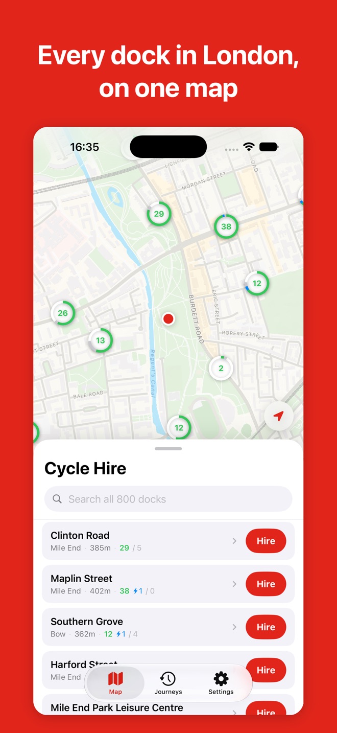 The Dockside map showing docking stations around Mile End with live bike counts