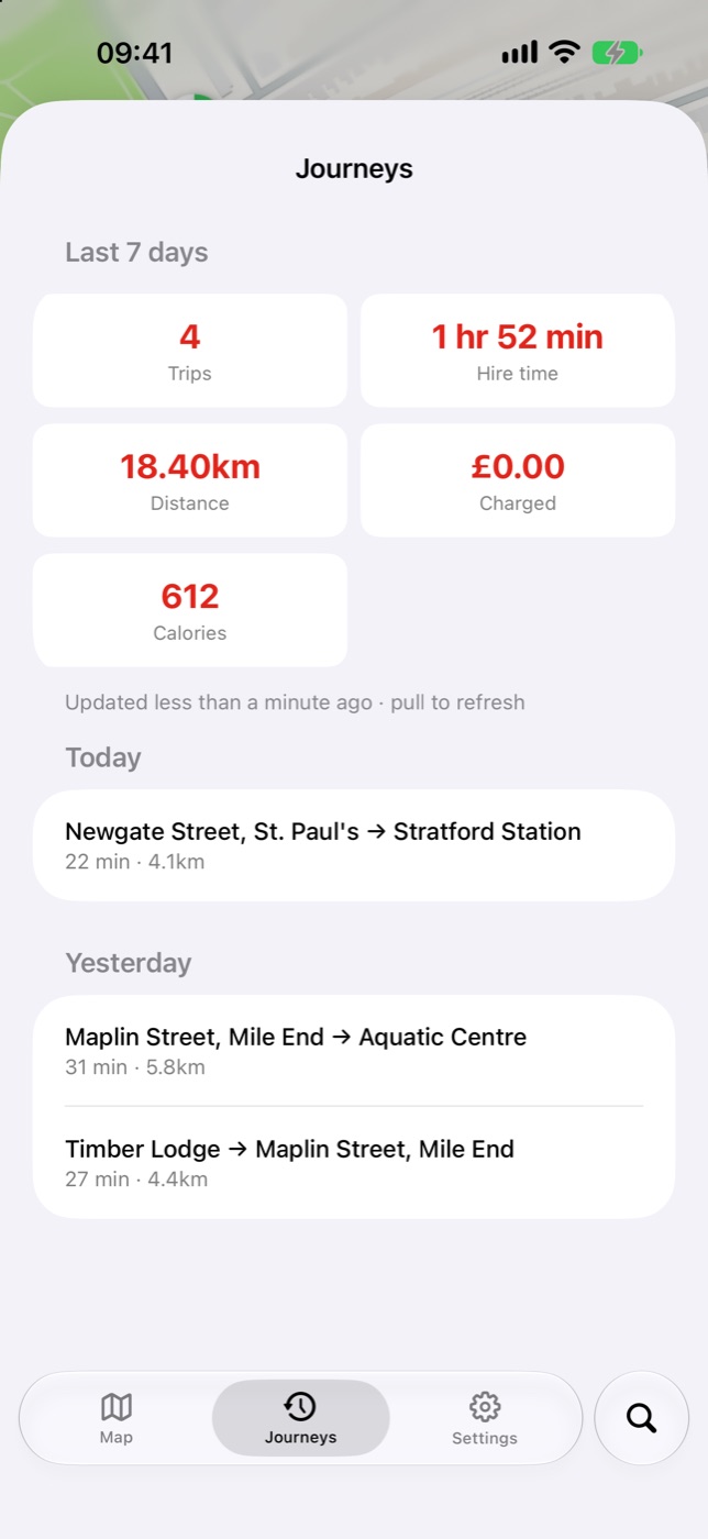 The Journeys screen with totals and recent rides